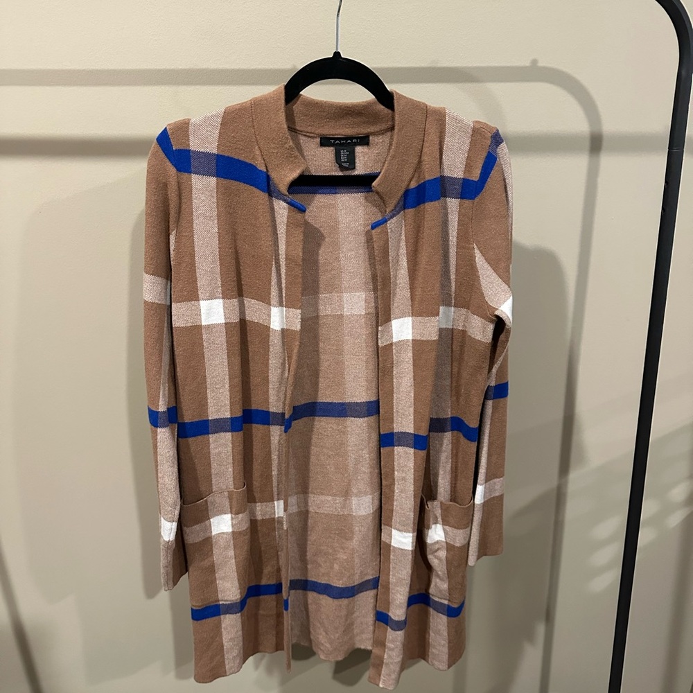 Tan Plaid Cardigan with Blue Stripes